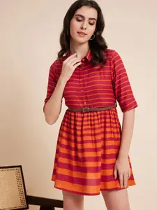 all about you Striped Shirt Collar Cotton A-Line Dress Comes With A  Belt