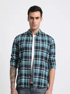 THE BEAR HOUSE Slim Fit Checked Button-Down Collar Flannel Weave Pure Cotton Casual Shirt
