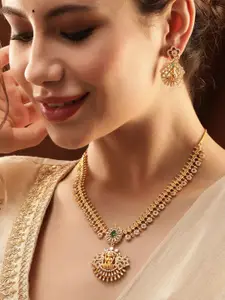 Rubans 22K Gold-Plated Emerald & CubicZirconia Temple Necklace Set with Divine Laxmi Motif