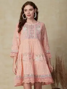 FASHOR Ethnic Motifs Embroidered Bell Sleeves Cotton A-Line Ethnic Dresses