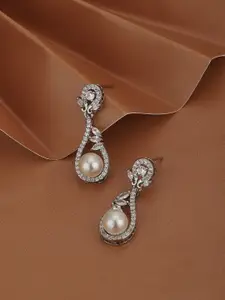 Carlton London Rhodium-Plated Pearls Teardrop Shaped Drop Earrings