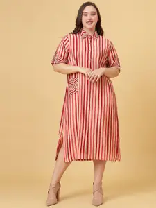 Curvy Lane Striped Roll-Up Sleeves Midi Shirt Dress