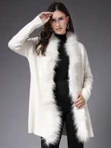Mafadeny faux fur Detail Open Front Longline Shrug