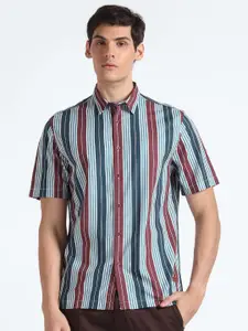 Flying Machine Spread Collar Striped Casual Short Sleeves Shirt