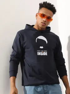 Campus Sutra Navy Blue Typography Printed Hooded Cotton Sweatshirt