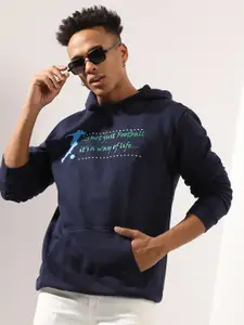 Campus Sutra Navy Blue Typography Printed Hooded Cotton Sweatshirt