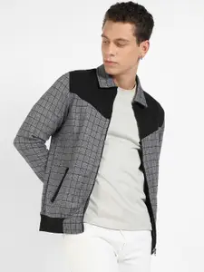 Campus Sutra Grey Checked Windcheater Bomber Jacket