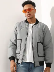 Campus Sutra Men Grey Windcheater Outdoor Bomber with Embroidered Jacket