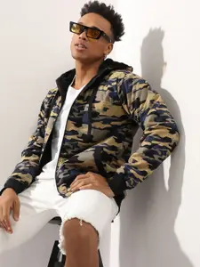 Campus Sutra Men Navy Blue Camouflage Windcheater Outdoor Bomber with Patchwork Jacket