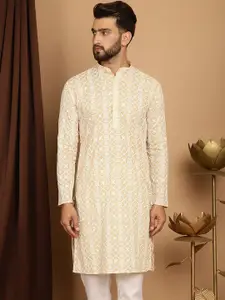 SOJANYA Ethnic Motifs Embroidered Sequined Mandarin Collar Pure Cotton Straight Kurta