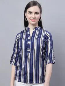 Enchanted Drapes Striped Mandarin Collar Crepe Shirt Style Top