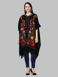 CRAFTBAZAR Floral Embroidered Woollen Longline Poncho