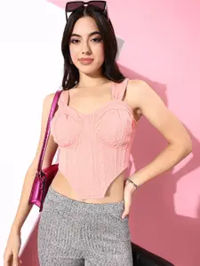 ANVI Be Yourself Peach-Coloured Self Design Smocking Fitted Crop Top