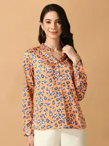 Sangria Conversational Printed Satin Shirt Style Top