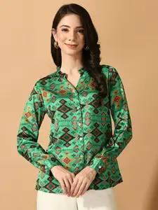 Sangria Ethnic Motifs Printed Satin Shirt Style Top
