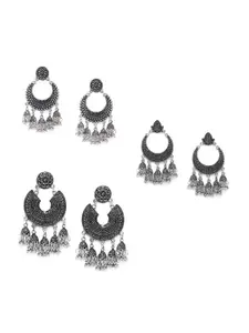 AccessHer Set Of 3 Silver Plated Floral Oxidised Chandbalis