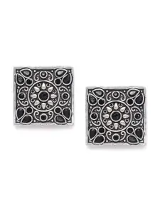 AccessHer Set Of 2 Silver Plated Oxidised Square Studs Earrings