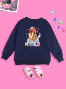 NUSYL Girls Graphic Printed Long Sleeves Oversized Fleece Pullover