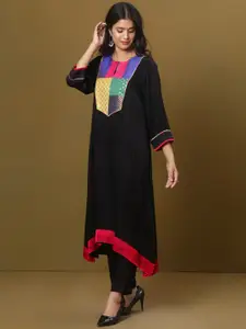 Spring Soul Ethnic Motifs Yoke Design Notched Neck Thread Work Dropped Hem Kurta