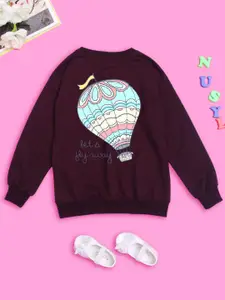 NUSYL Girls Graphic Printed Long Sleeves Oversized Fleece Pullover