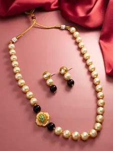 aadita Gold-Plated Stone-Studded & Pearl Beaded Necklace & Earrings