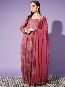 SCORPIUS Floral Printed Long Sleeves Pleated Ethnic Dress With Dupatta