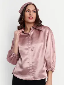 ESSQUE Shirt Collar Bishop Sleeve Satin Shirt Style Top