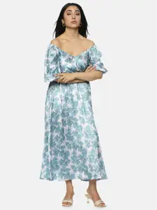 ISU Floral Printed Flared Sleeve Satin A-Line Maxi Dress