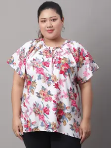 Rute Plus Size Floral Printed Tie-Up Neck Flared Sleeves Cotton Top