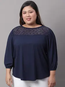 Rute Plus Size Puffed Sleeves Lace Inserts Cotton Top