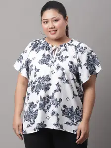 Rute Plus Size Floral Printed Tie-Up Neck Flared Sleeves Cotton A-Line Top