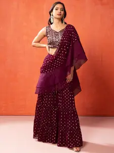 INDYA Women Purple Printed Top with Sharara & Attached Ruffled Dupatta