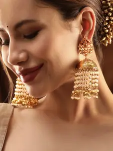 Rubans 22K Gold-Plated Dome-Shaped Jhumka with White Kundan Stone & Multilayer Pearl Beads