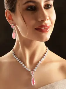 Rubans Rhodium-Plated Zirconia Studded Necklace & Earrings