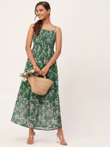 Moomaya Floral Printed Shoulder Strap Smocked A-line Maxi Dress