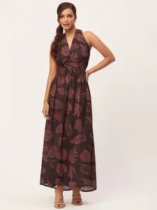 Moomaya Floral Printed Halter Neck Gathered Maxi A-Line Dress