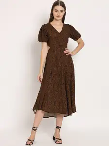 Moomaya Printed V-Neck Styled Back Fit & Flare Midi Dress