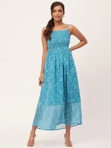 Moomaya Abstract Printed Smocked Georgette Fit & Flare Maxi Dress