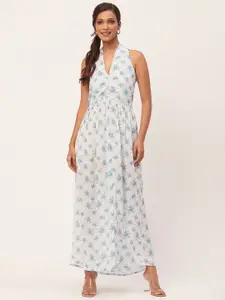 Moomaya Floral Printed Halter Neck Gathered Maxi A-Line Dress