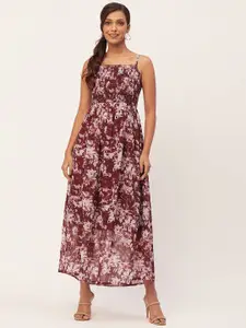 Moomaya Floral Printed Smocked Georgette Maxi Dress