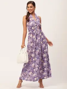 Moomaya Floral Printed Halter Neck A-line Maxi Dress