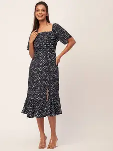 Moomaya Polka Dots Printed Square Neck Flared Sleeves Fit & Flare Midi Dress