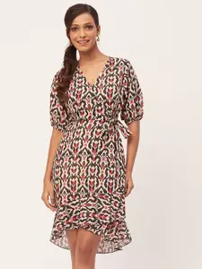 Moomaya Animal Printed Puff Sleeves Wrap Dress