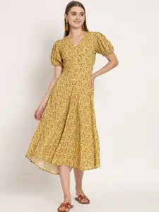 Moomaya Floral Printed V-Neck Cut-Out Detail Puff Sleeves A-Line Midi Dress