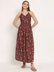 Moomaya Floral Printed Halter Neck Maxi Dress