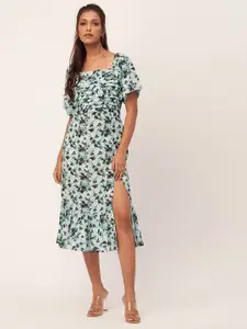 Moomaya Floral Printed Puff Sleeves Pleated A-Line Midi Dress