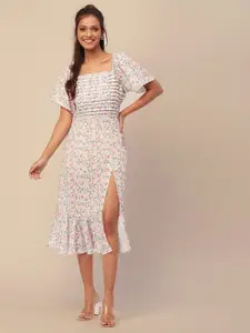 Moomaya Floral Printed Flared Sleeve A-Line Midi Dress