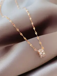 MYKI Rose Gold-Plated Stainless Steel Cubic Zirconia Studded Pendant With Chain