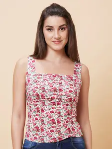 Globus Floral Printed Gathered Square Neck Pure Cotton Top