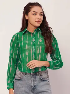 Moomaya Abstract Printed Sheer Crop Casual Shirt